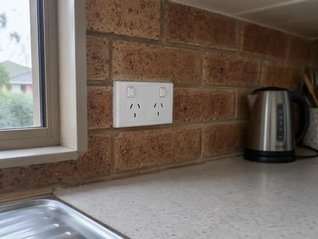 White double power point on a brick kitchen splashback beside a window and kettle in Rutherford