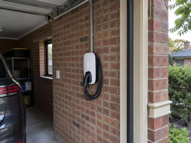 Wall-mounted EV charger on a brick carport wall beside a driveway in Farley