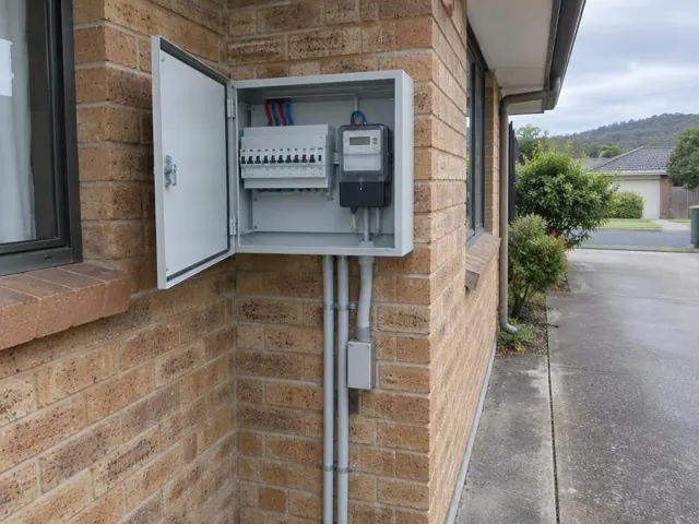 Open external switchboard on brick house wall beside driveway in Gillieston Heights